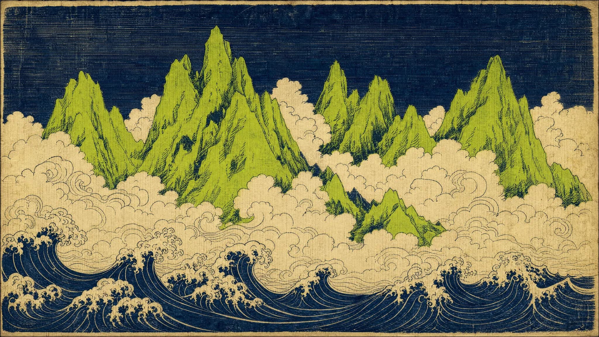 Woodblock sky over a vermilion range