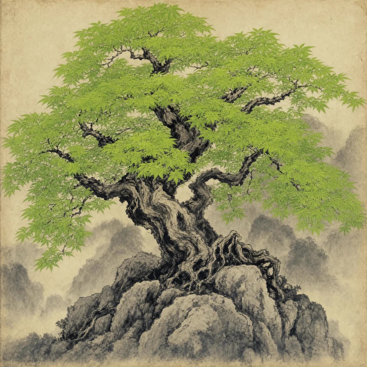 A maple on stone, woodblock