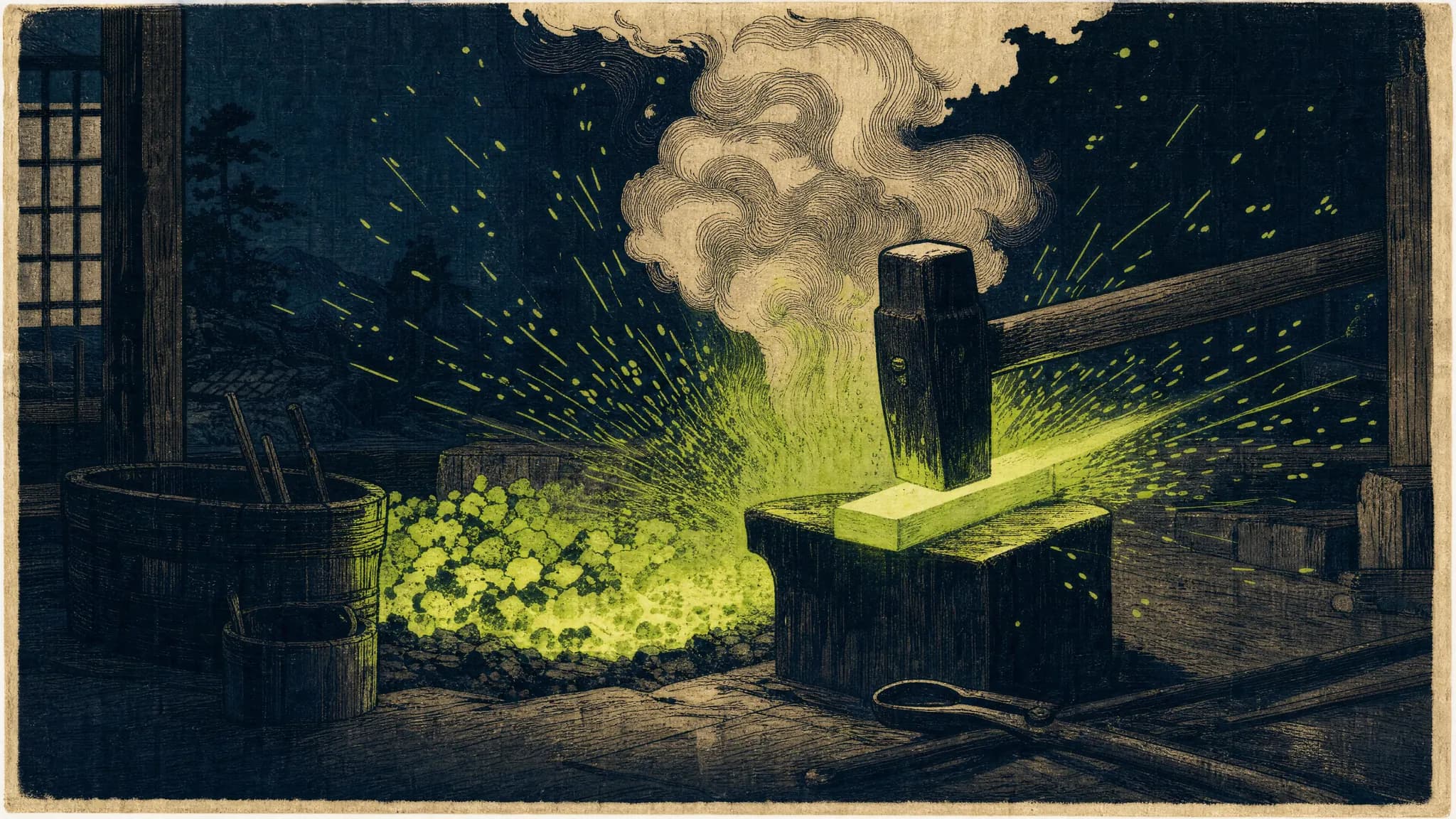 A swordsmith's forge at night, woodblock