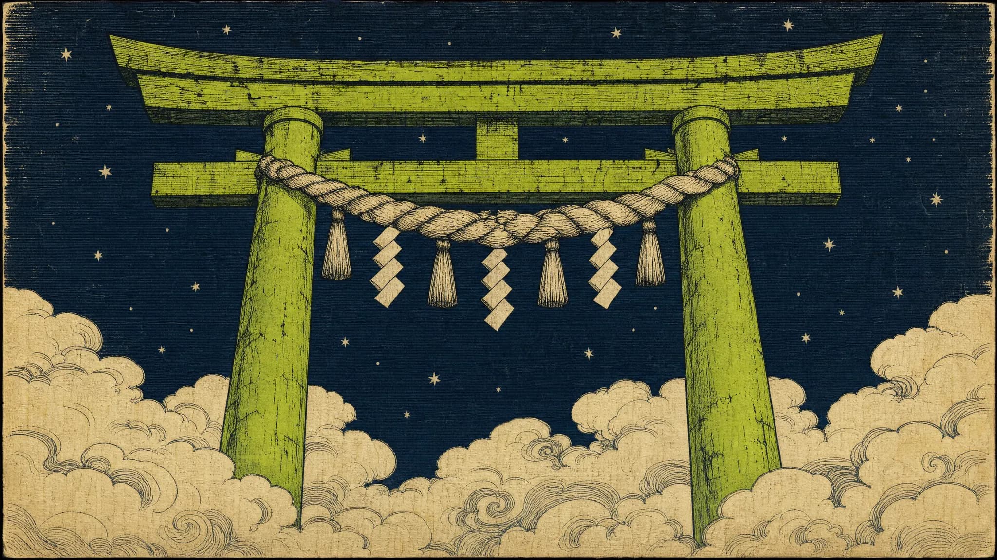 A rope-bound gate at night, woodblock